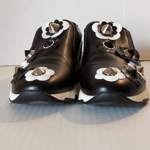 Black White Flower Embellished Slipon Sneakers - Picture 4 of 16